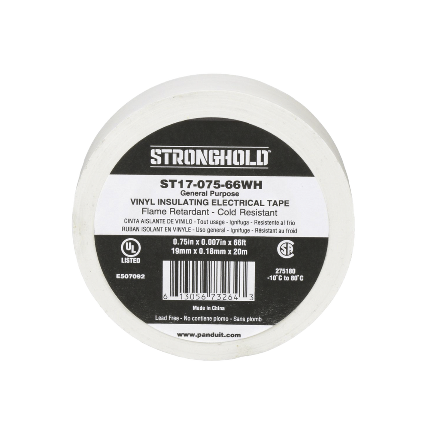 ST17-075-66WH - Cinta Eléctrica STRONGHOLD para Aislar, de PVC, Uso General Reparación y Mantenimiento, Grosor de 0.18mm (7 mil), Ancho de 19mm, y 20.12m de Largo, Color Blanco