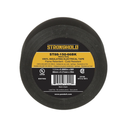 ST88-150-66BK Cinta Eléctrica STRONGHOLD para Aislar, de PVC, Trabajo Pesado Eléctrico Industrial (Soporta UV, abrasión, agua, aceite y corrosión), Grosor de 0.21 mm (8.5 mil), Ancho de 38 mm, y 20 m de Largo, Uso Interior/Exterior, Color Ne