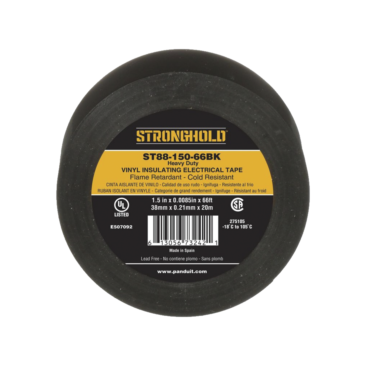 ST88-150-66BK - Cinta Eléctrica STRONGHOLD para Aislar, de PVC, Trabajo Pesado Eléctrico Industrial (Soporta UV, abrasión, agua, aceite y corrosión), Grosor de 0.21 mm (8.5 mil), Ancho de 38 mm, y 20 m de Largo, Uso Interior/Exterior, Color Ne