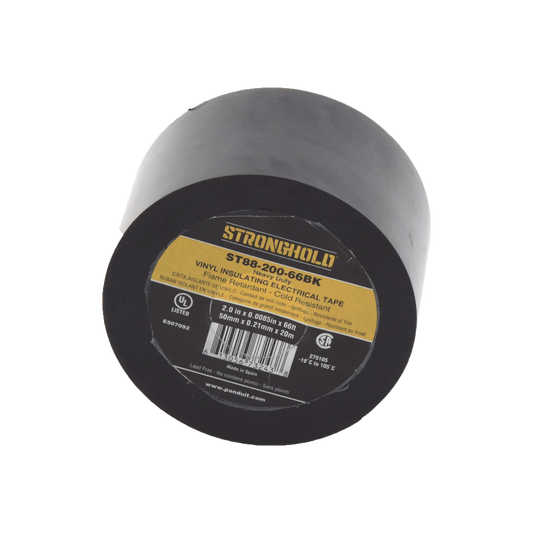 ST88-200-66BK Cinta Eléctrica STRONGHOLD Para Aislar, de PVC, Trabajo Pesado Eléctrico (UV, abrasión, aceite, corrosión), Grosor 0.21 mm (8.5 mil), Ancho 50 mm, y 20 m Largo, Uso Int./Ext., Color Negro. Superior a cinta Super 33