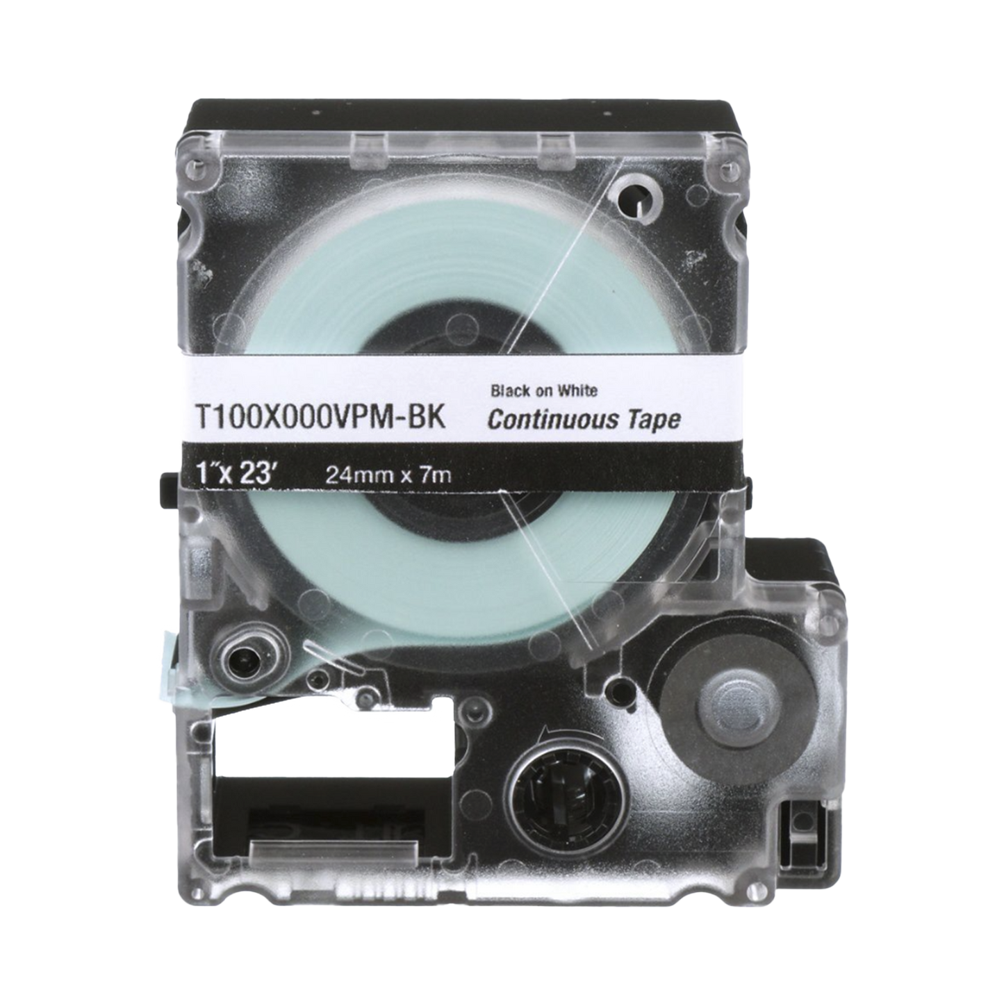 T100X000VPM-BK - Casete de Etiquetas de Vinilo de Cinta Continua, Color Negro Sobre Blanco, Uso Interior/Exterior, 24 mm (0.94 Pulgadas) de Ancho x 7.6 Metros (24.93 Pies) de Largo