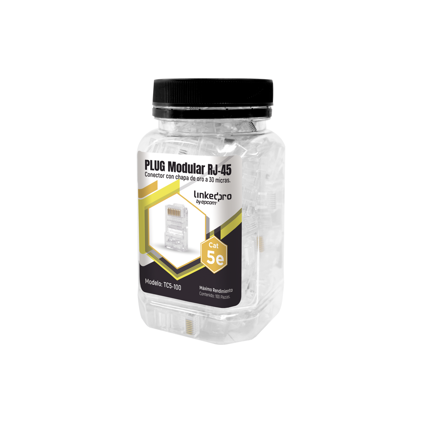 TC5-100 - Bote con 100 Piezas de Plug Modular RJ45 Cat5e sin Blindaje, Chapado de Oro a 30 Micras para Durabilidad Extrema