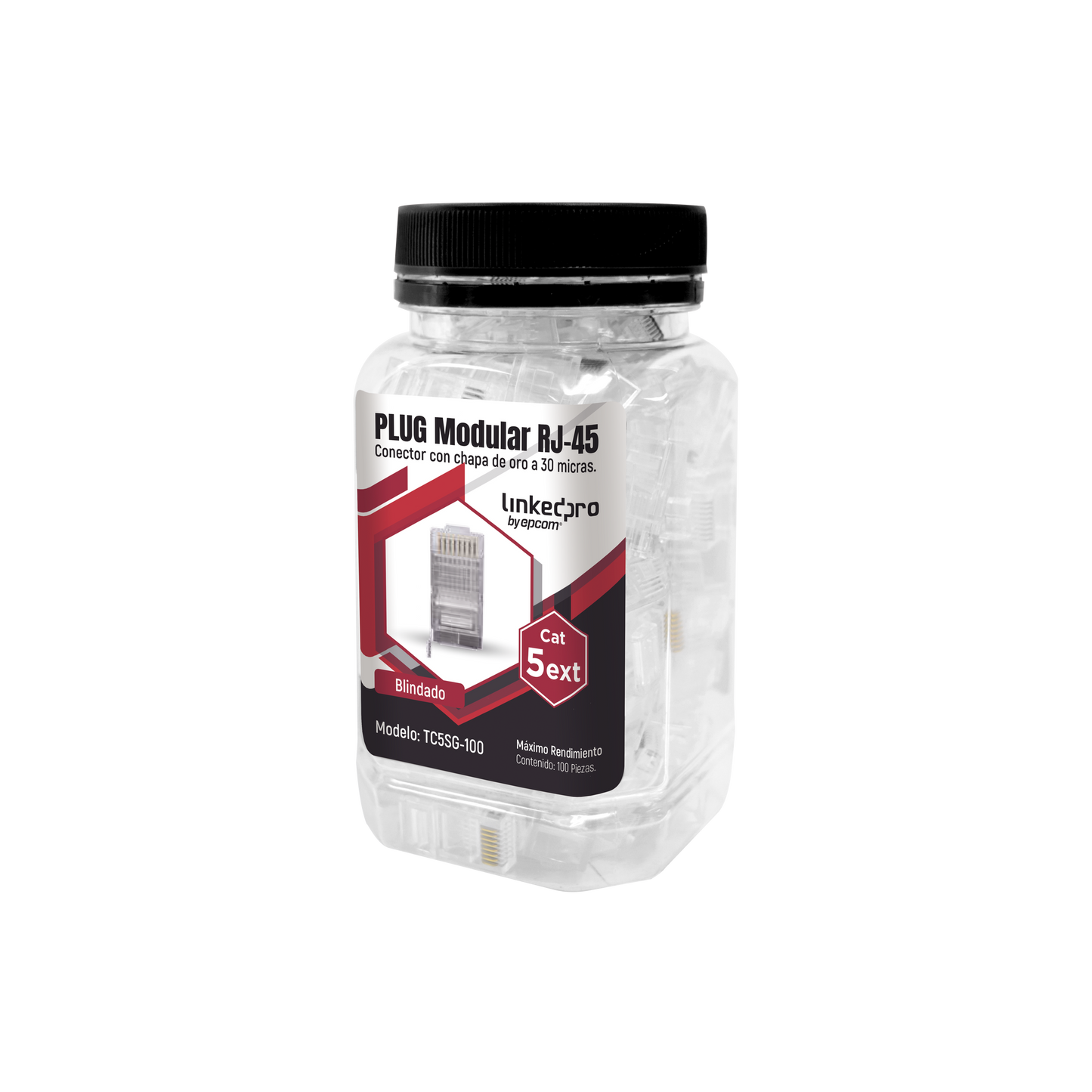 TC5SG-100 - Bote con 100 Piezas de Plug Modular RJ45 Cat5e Blindado, Chapado de Oro a 30 Micras para Durabilidad Extrema con Pin de Tierra