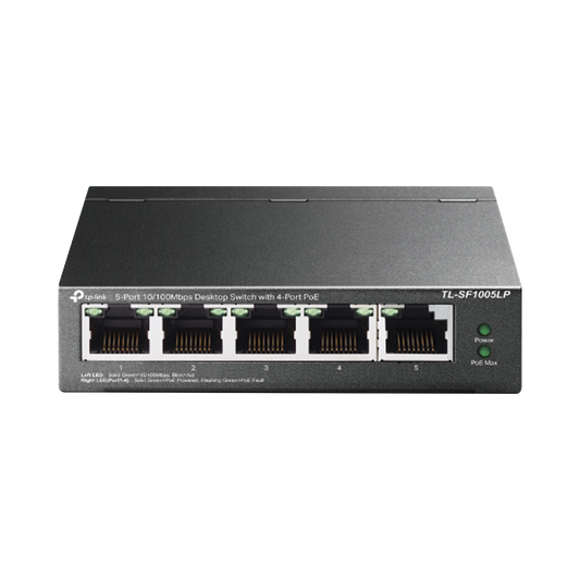 TLSF1005LP Switch PoE No Administrable de Escritorio / 5 puertos 10/100 Mbps / 4 puertos PoE af / Presupuesto 41 W / Modo extensor PoE hasta 250 metros / Calidad video prioritaria