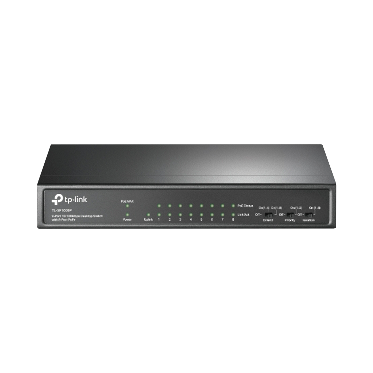 TLSF1009P - Switch PoE+ No Administrable / De Escritorio 9 puertos 10/100 Mbps / 8 puertos PoE af/at Inteligente / Presupuesto 65 W / Hasta 250 metros