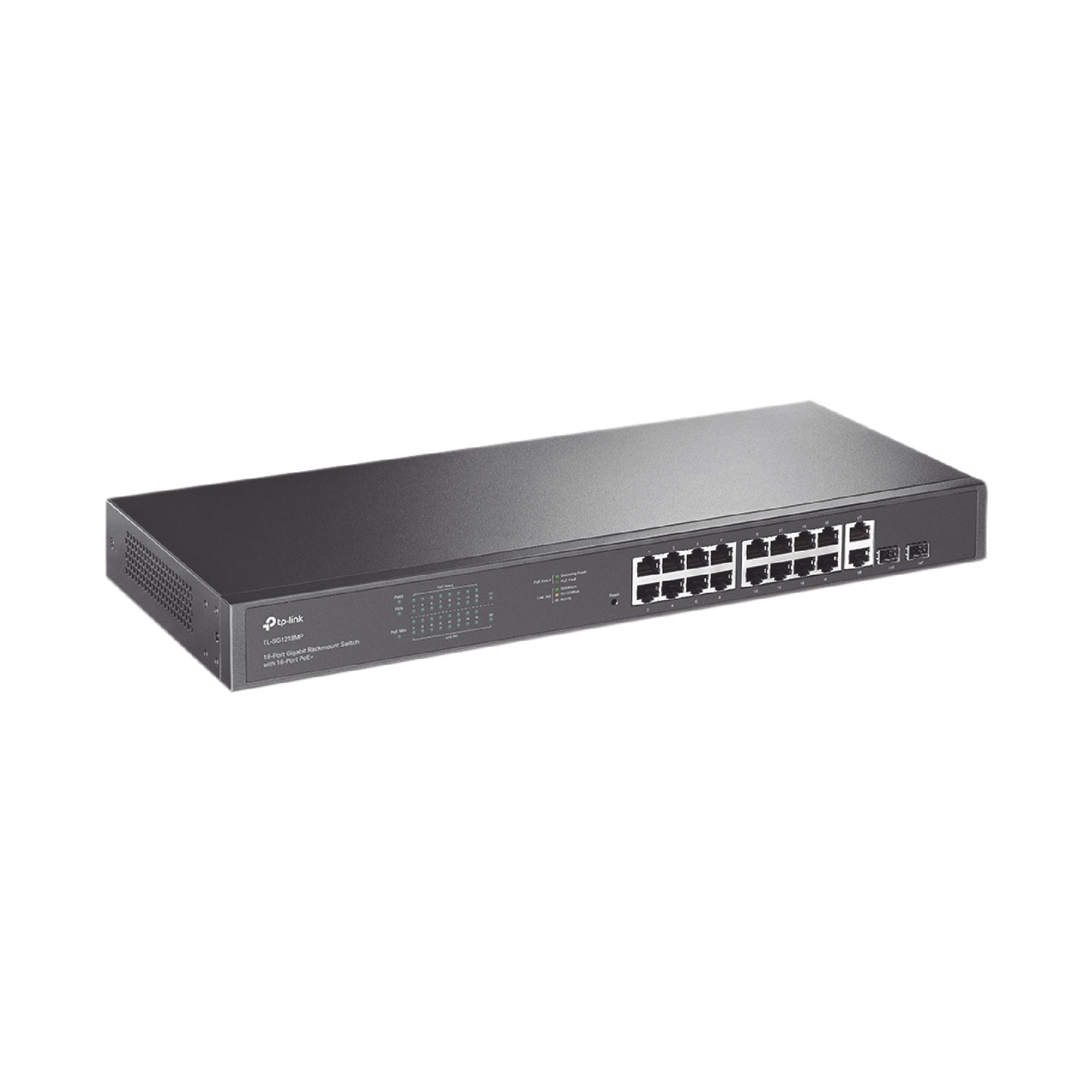 TL-SG1218MP - Switch no administrable de 16 puertos 10/100/1000Mbps y PoE af/at, 2 puertos SFP hasta 250W.
