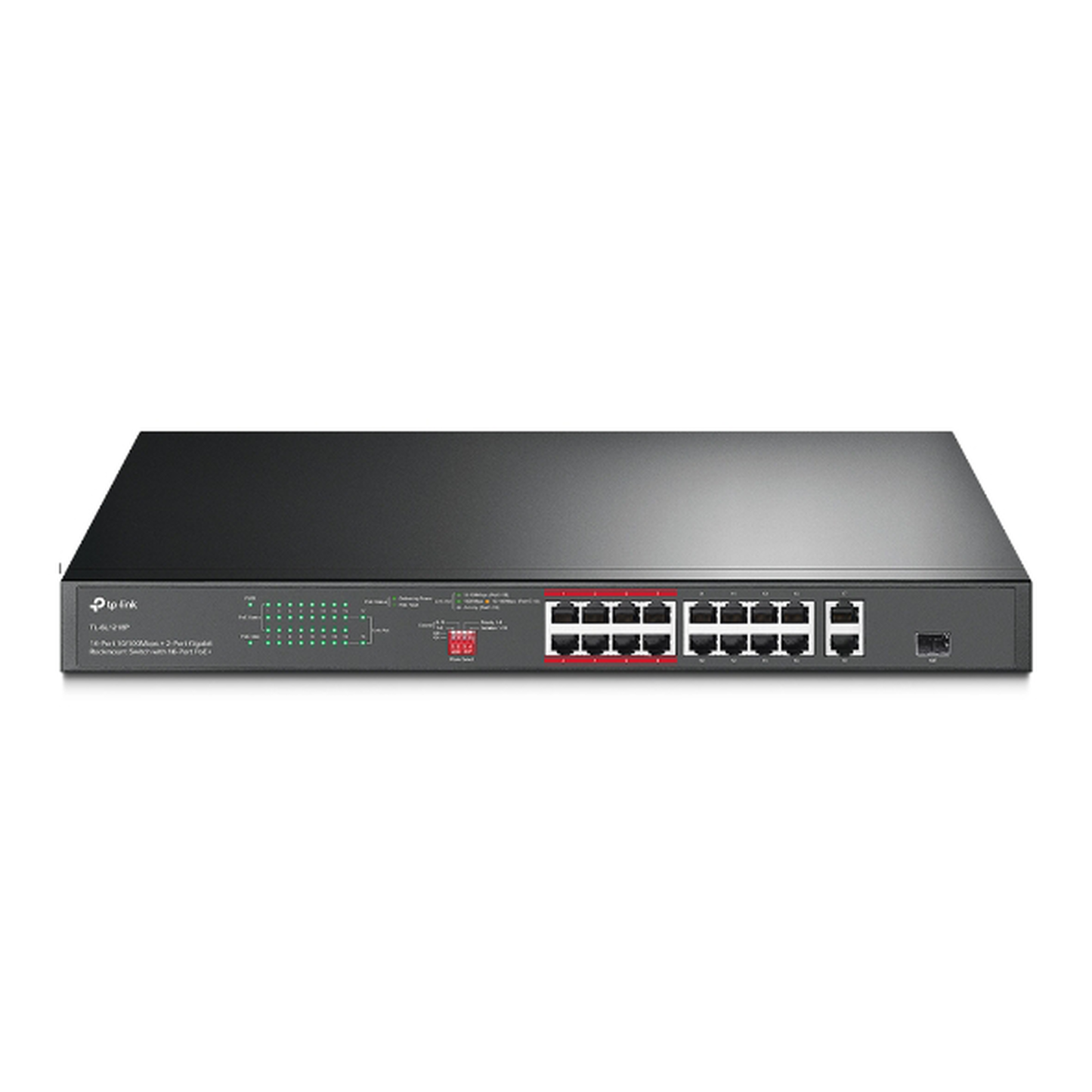 TL-SL1218P - Switch PoE+ no Administrable 16 puertos 10/100 Mbps + 2 puertos 10/100/1000 Mbps + 1 puerto SFP, 8 puertos Extensor PoE (hasta 250 m), 150W, diseño para Vigilancia IP