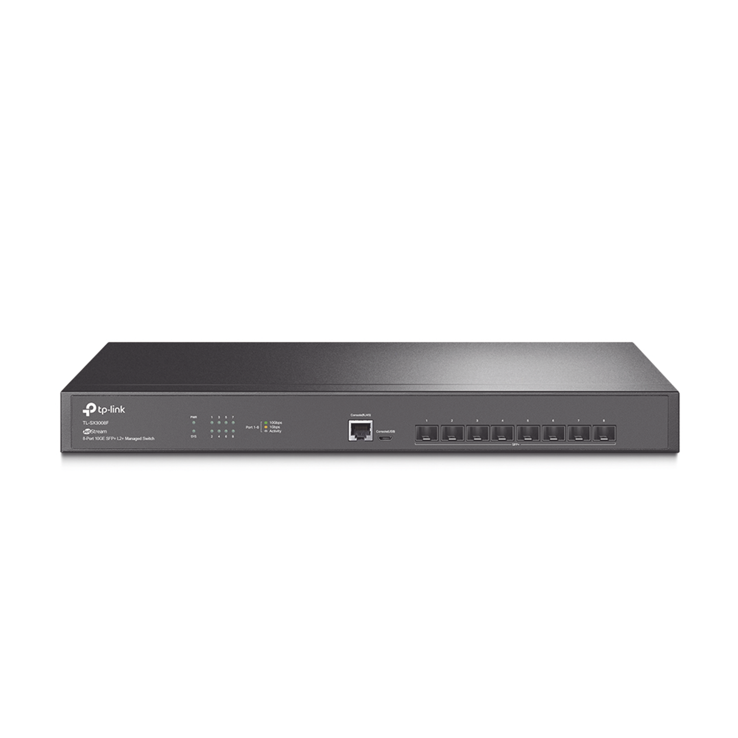 TL-SX3008F - Switch Fibra Óptica L2+ Omada / 8 Puertos SFP+ 10G / 2 Puertos Consola (RJ45 y micro-USB) / Administración Centralizada Omada o Stand-Alone / Multicast IGMP / Calidad de Servicio / Montaje en Rack / Silencioso (sin ventiladores)