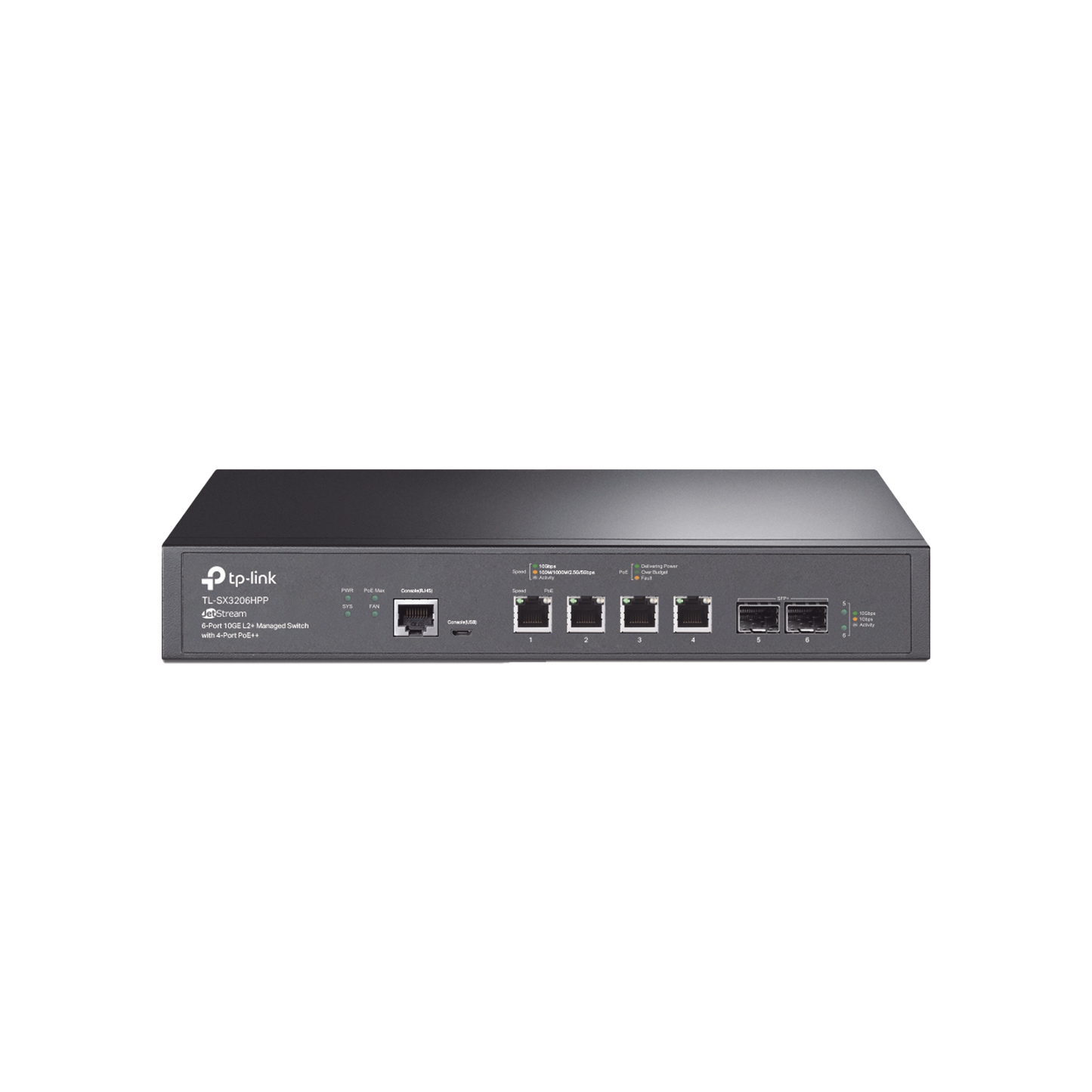 TL-SX3206HPP - Switch L2+ PoE++ Omada 6 Puertos 10G / 4 Puertos 802.3 af/at/bt Multi-Gigabit 1G, 2.5G, 5G, 10G / 2 Puertos SFP+ 10G / Multicast IGMP / Adminstración Centralizada Omada o Stand-Alone / Presupuesto PoE 200W / Montaje Rack-Escritorio
