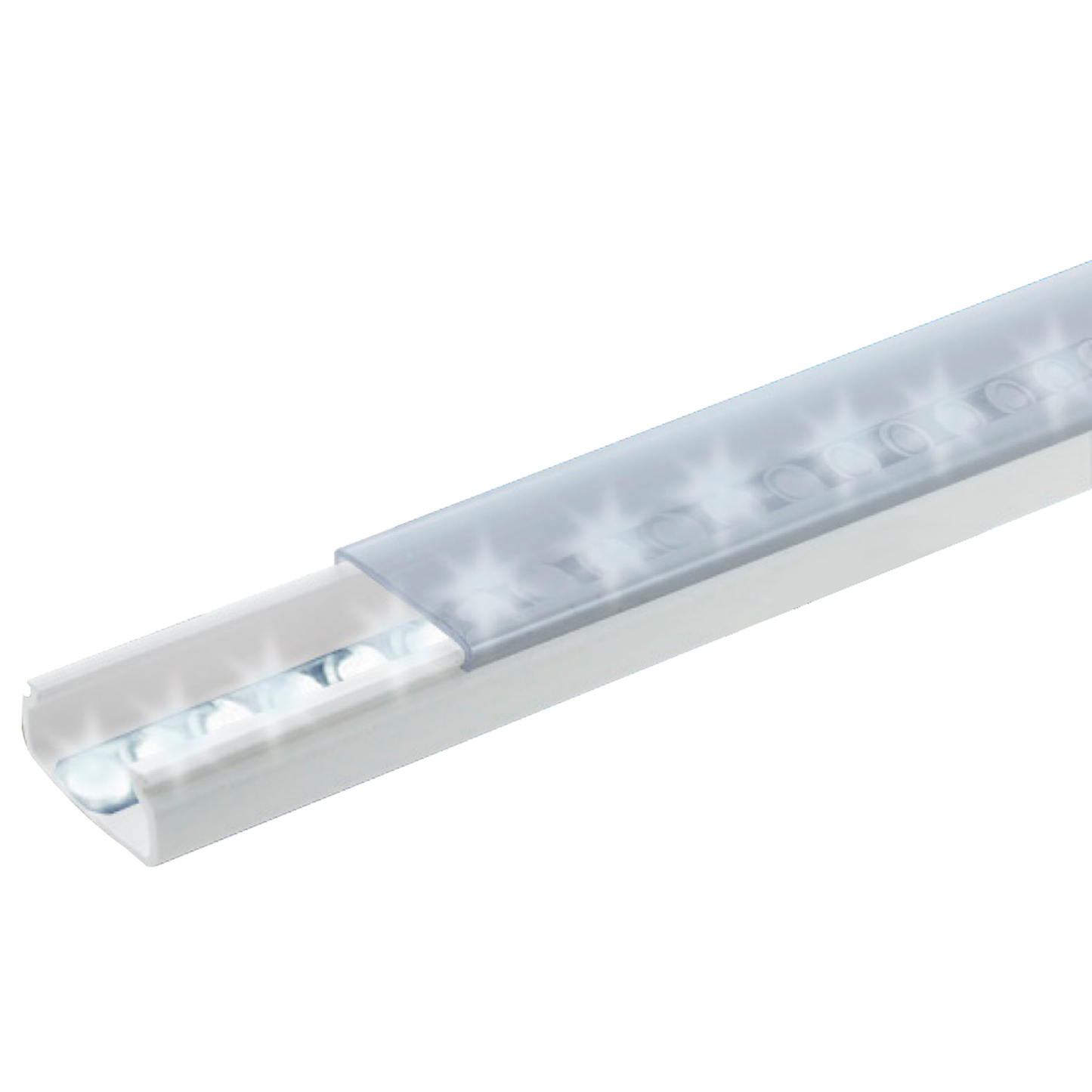 TMK-1020-TP2 - Difusor para tira LED con tapa transparente de PVC auto extinguible, ideal para colocar iluminación, 20 x 10mm, tramo de 1.53 m con cinta Autoadherible.