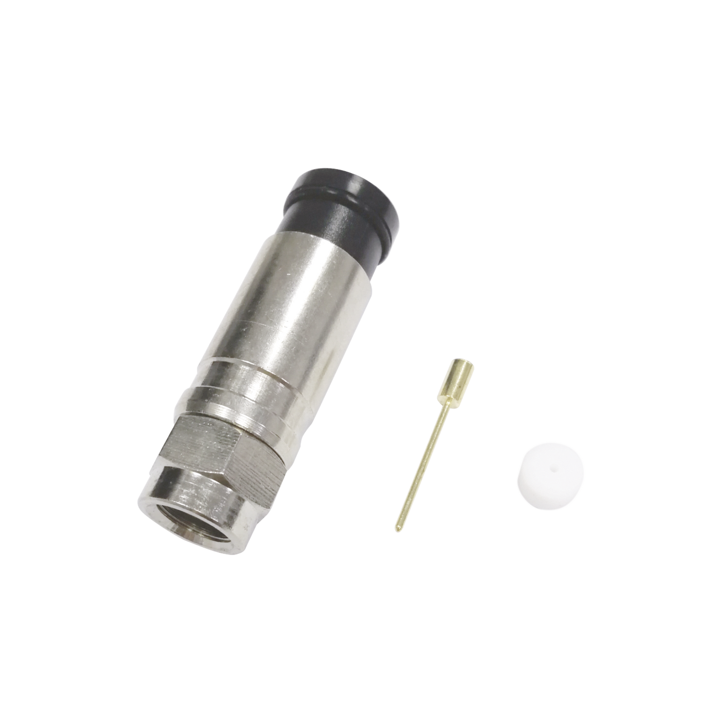 TT11-F02 - Conector F Macho de Compresión Axial con Borne Negro para instalar en Cable Coaxial RG-11, 75 Ohm, Bronce-Niquelado.