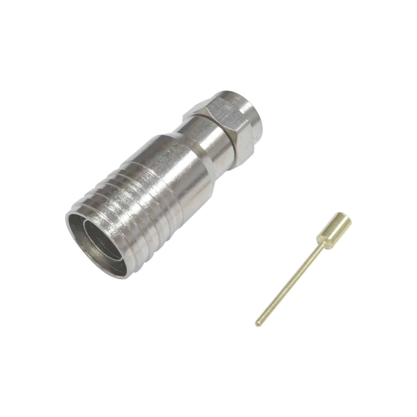 TT11-F03 - Conector F Macho en 75 Ohm, Plegable para Instalar en Cables Coaxiales RG-11, Cuerpo de Bronce-Niquelado/ Teflón.