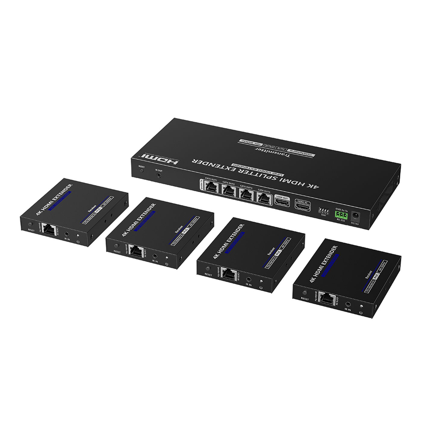 TT-824N - Kit Divisor y Extensor HDMI | 1x4 | Hasta 70 m |Resolución 4K @ 60 Hz | Cat 6/6a/7 | IPCOLOR | CERO LATENCIA | Puerto S/PDIF | EDID | RS232 | Salida Loop / PoC