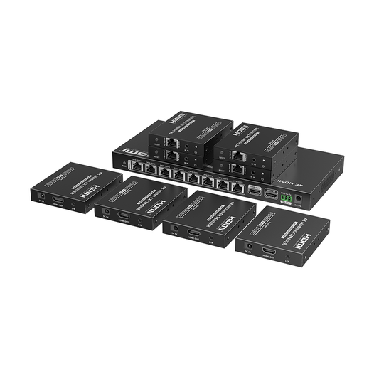 TT-828N Kit Divisor y Extensor HDMI / Divide 1 Fuente HDMI a 8 Pantallas / Extiende la señal HDMI hasta 70 m / Resolución 4K @ 60 Hz/ Cat 6/6a/7 / IPCOLOR / CERO LATENCIA / Uso 24/7 / Puerto S/PDIF / EDID / RS232 / Salida Loop / Alimente solo el Tx
