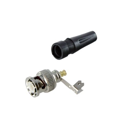 TT-RG-93 Conector BNC macho en 75 Ohm, para cable coaxial RG-59 / Con base de alivio negra de PVC, Níquel/ Oro/ PTFE.