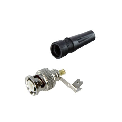 TT-RG-93 - Conector BNC macho en 75 Ohm, para cable coaxial RG-59 / Con base de alivio negra de PVC, Níquel/ Oro/ PTFE.