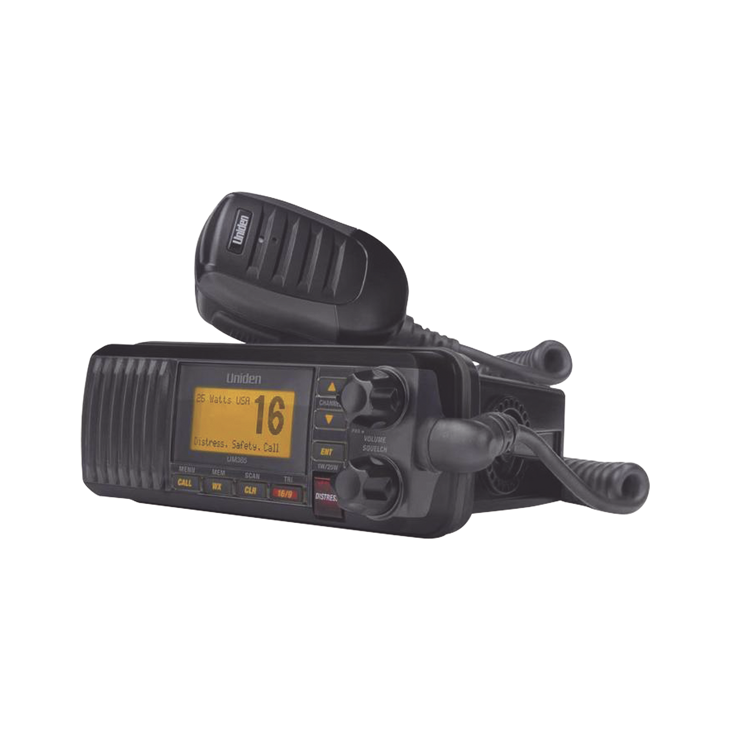 UM-385BK - Radio Móvil Marino VHF, color negro, 25 W de potencia, sumergible IPX4, rango de frecuencia.: Tx: 156.025-157.425 MHz, Rx: 156.050-163.275 MHz. incluye micrófono y cable de alimentación