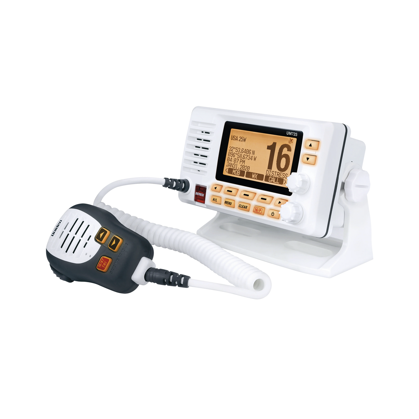 UM-725G - Radio Móvil Marino VHF, color blanco con receptor de GPS integrado, puerto de conexión NMEA 2000, 25W de potencia de RF, sumergible IPX8.