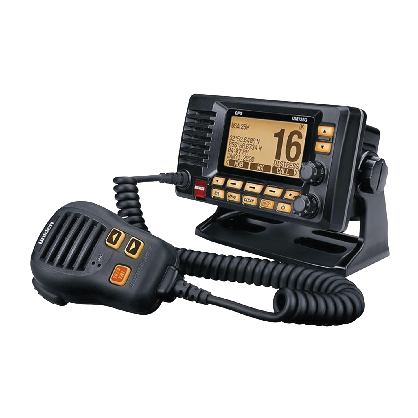 UM725GBK - Radio Móvil Marino VHF, color negro con receptor de GPS integrado, puerto de conexión NMEA 2000, 25W de potencia de RF, sumergible IPX8.