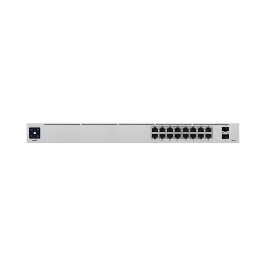 USW-16-POE UniFi Switch USW-16-POE Gen2, Capa 2 de 16 puertos (8 puertos PoE 802.3af/at + 8 puertos Gigabit) + 2 puertos 1G SFP, 42W, pantalla informativa