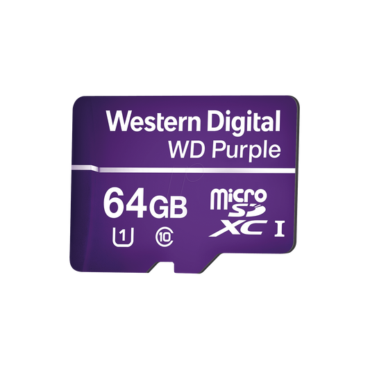WD64MSD Memoria microSD de 64GB PURPLE, Especializada Para Videovigilancia, 10 VECES MAYOR DURACIÓN, 3 AÑOS DE GARANTIA