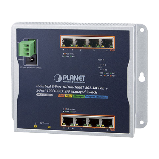 WGS-4215-8P2S Switch Industrial PoE Administrable de Pared Capa 2, 8 Puertos Gigabit PoE 802.3at y 2 Puertos 100/1000X SFP