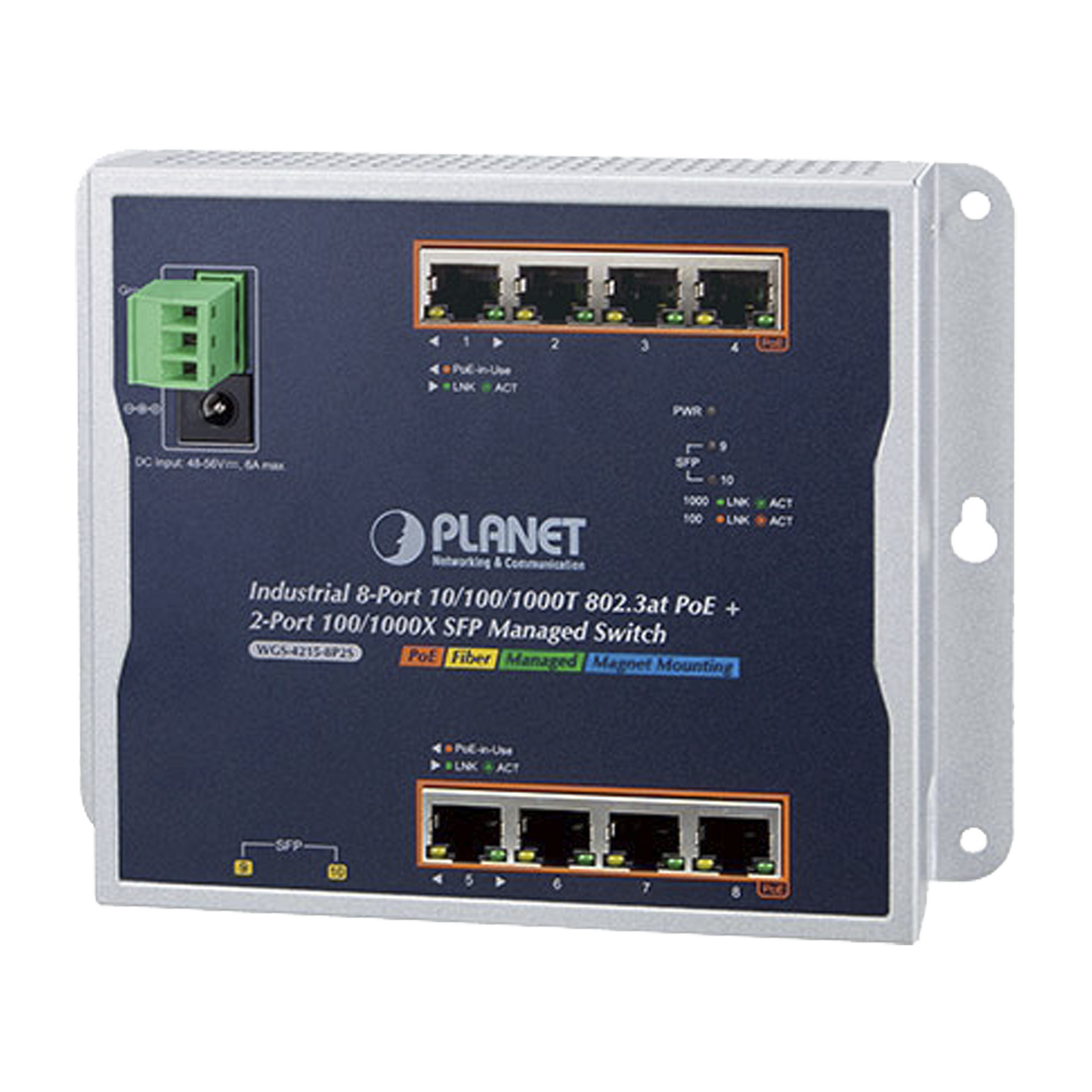 WGS-4215-8P2S - Switch Industrial PoE Administrable de Pared Capa 2, 8 Puertos Gigabit PoE 802.3at y 2 Puertos 100/1000X SFP