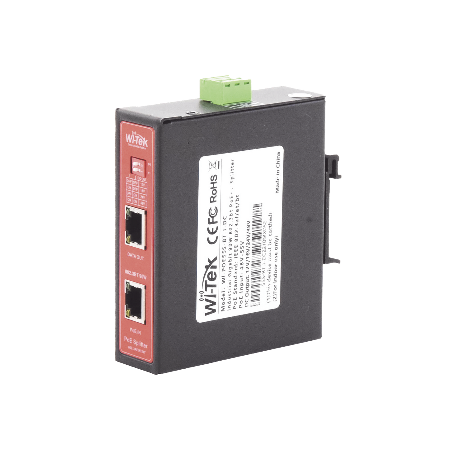 WIPOE55SBTIDC - Splitter PoE IN hasta 90 W / Salida DC 12v/16V/24v o 48V / Carcasa metálica / Industrial soporte para riel DIN / Aplicaciones CCTV