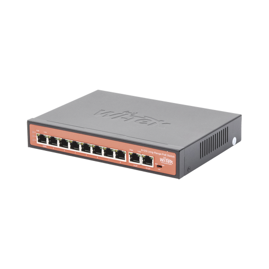 WI-PS210G Switch PoE No administrable / PoE de Largo Alcance Hasta 250m / 8 Puertos PoE 10/100Mbps (Puerto 1 Hasta 60W, Puertos 2 al 8 Hasta 30W) + 2 Puertos Gigabit Uplink / Presupuesto 120 W / Plug and Play