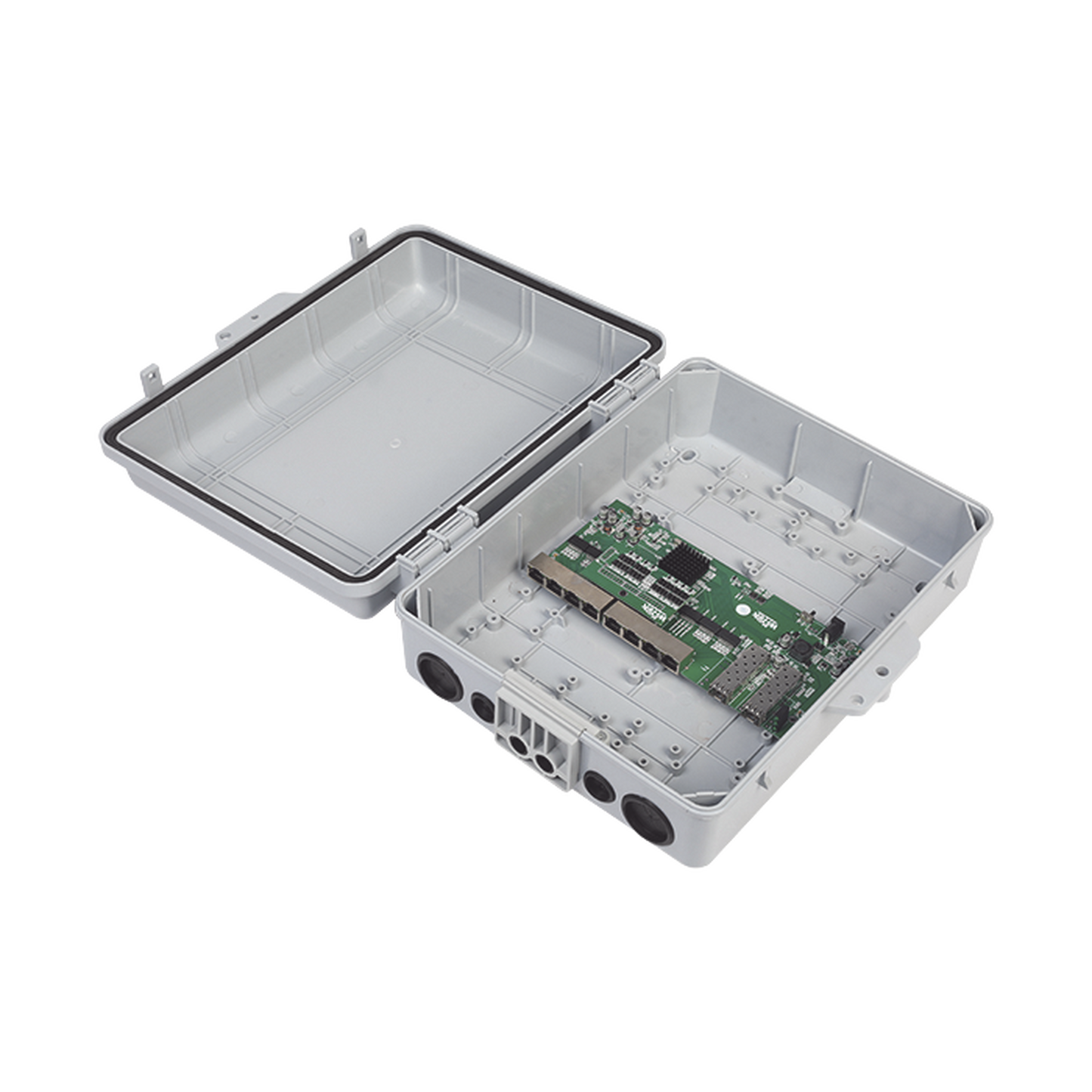 WI-PS310GFR-O Switch WISP/FTTx con 7 puertos PoE inverso de 24V Pasivo (PoE in), 1 puerto PoE out de 24V + 2 SFP, Integrado con Gabinete NEMA IP67 para exterior