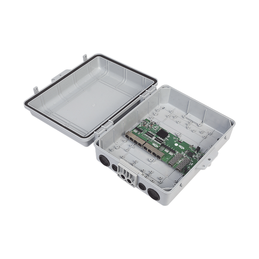 WI-PS310GFR-O Switch WISP/FTTx con 7 puertos PoE inverso de 24V Pasivo (PoE in), 1 puerto PoE out de 24V + 2 SFP, Integrado con Gabinete NEMA IP67 para exterior