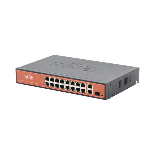 WI-PS518G Switch PoE (802.3af/at/bt) / No administrable de largo alcance / Hasta 250m / 16 x 10/100Mbps (PoE) + 2 x 100/1000Mbps + 1 x SFP / 200 W