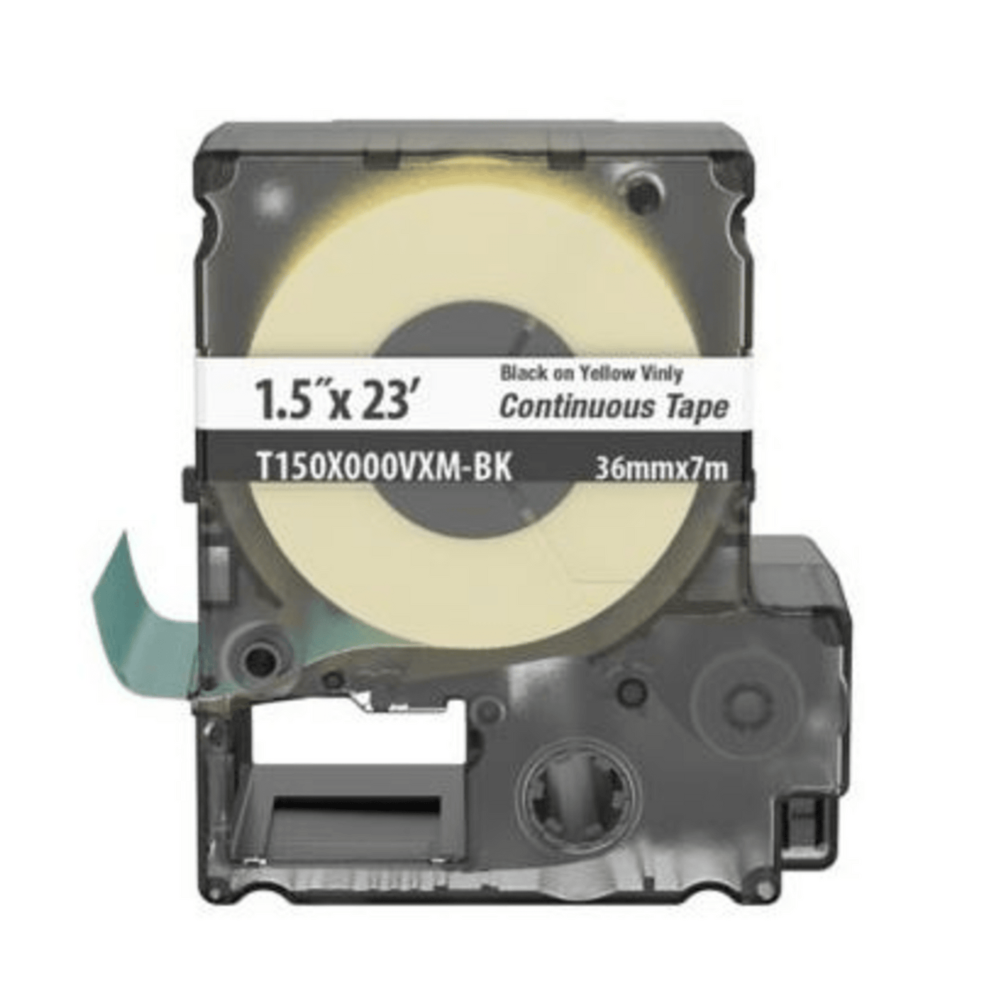 T150X000VXM-BK - Casete de Etiquetas de Vinilo de Cinta Continua, Color Negro Sobre Amarillo, Uso Interior/Exterior, 36 mm de Ancho x 7 Metros (22.97 Pies) de Largo