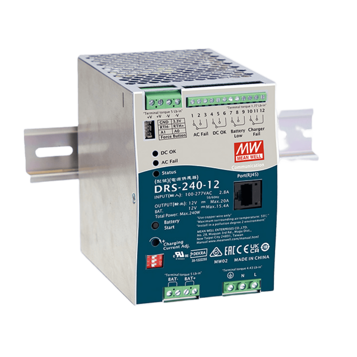 DRS24012 - Fuente de Poder Industrial de 240W con Cargador de Baterías, salida 12Vcc, 20A, para montaje Riel Din