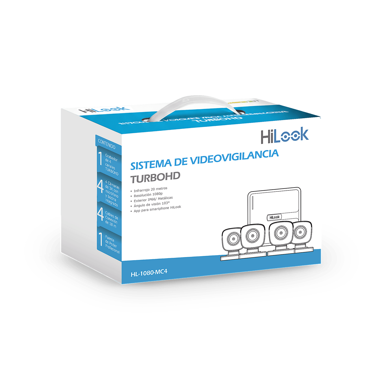 HL-1080-MC4 - KIT TurboHD 1080p / DVR 4 canales / 4 Cámaras Bala de Metal / H.265+ / 1 Fuente de Poder Profesional / Accesorios de Instalación
