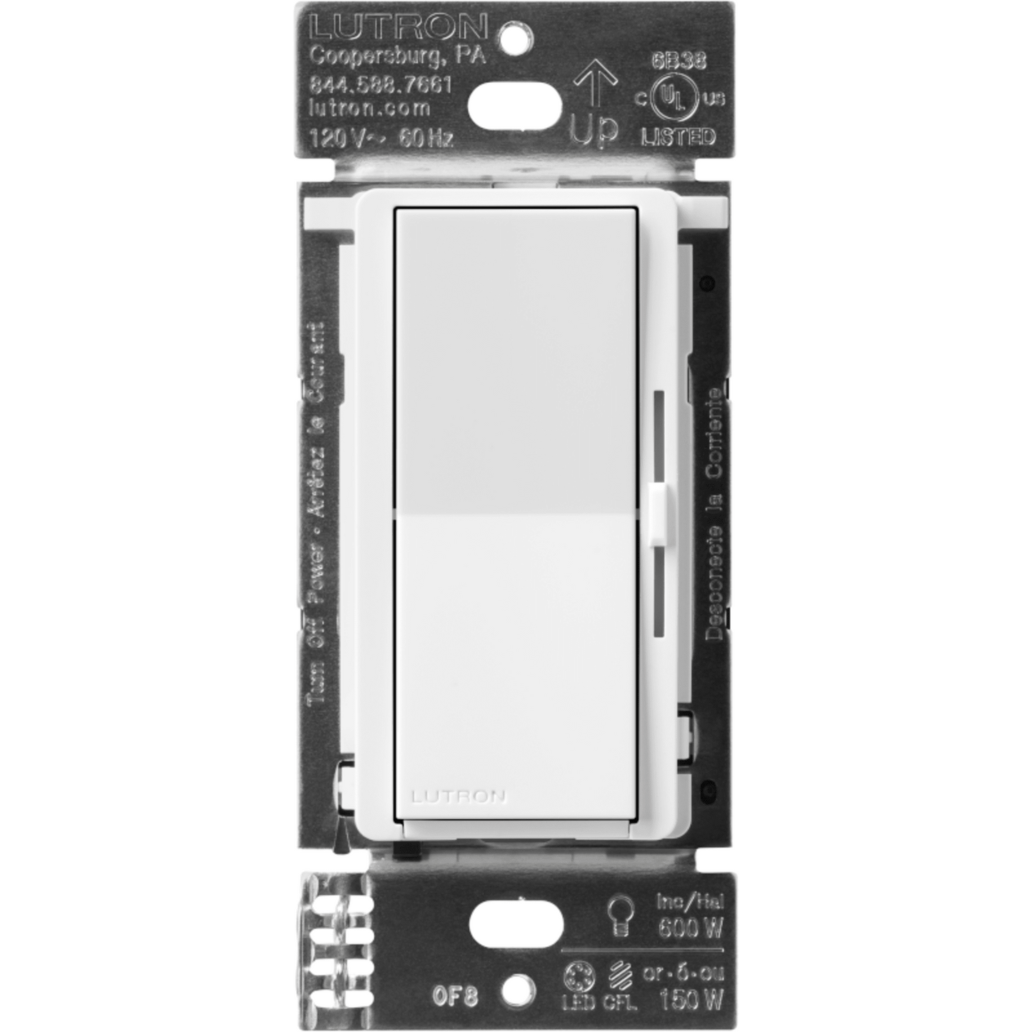 DVRF6LWH - (Caseta Wireless) DIVA Atenuador de pared. Aumenta/Disminuye Intensidad de Iluminación. No requiere cable neutro. 150W LED / 600W INC/HAL