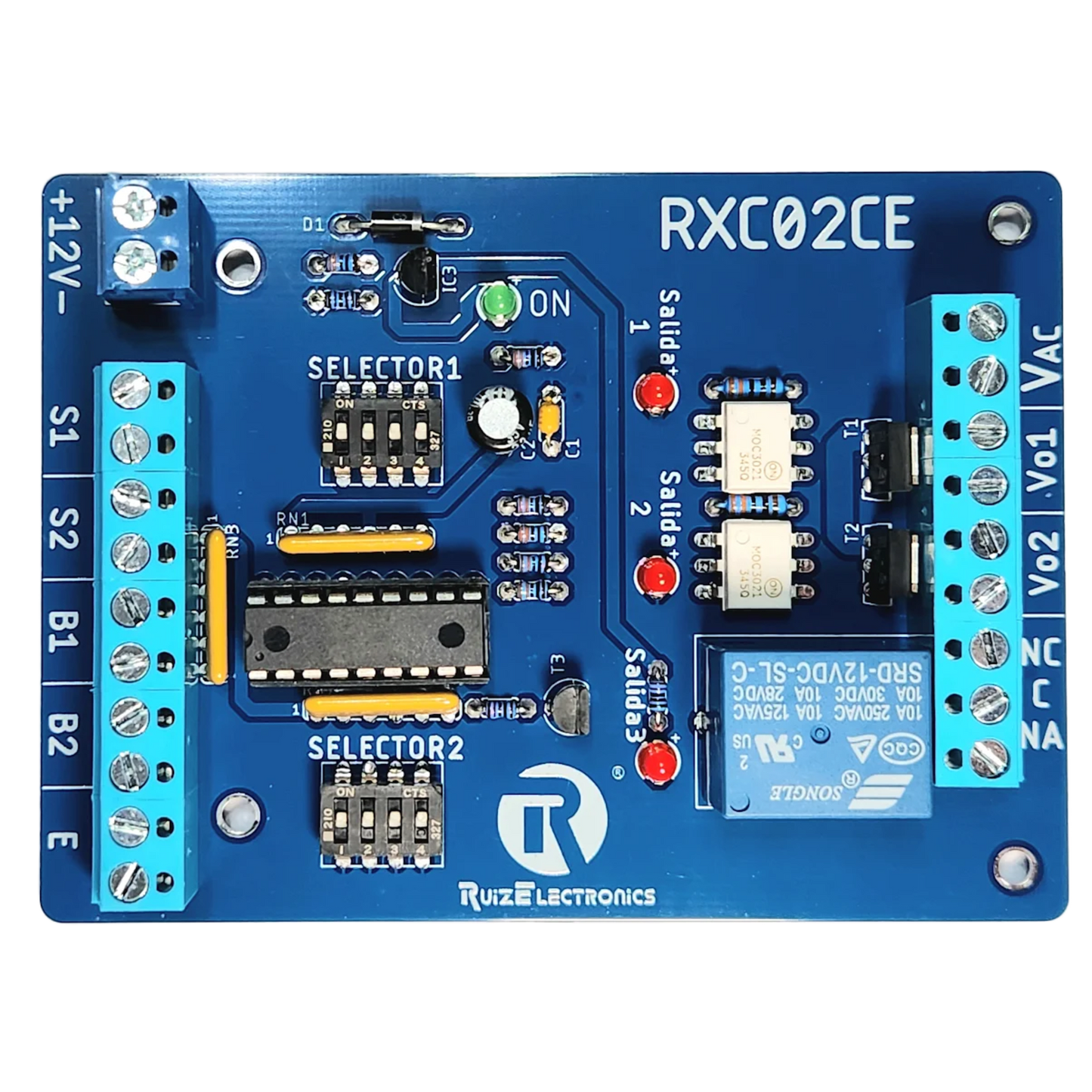 RXC02CE - Controlador de Esclusas 2 Puertas / Alimentación 12VDC / Temporizadores Programables 0-30 seg / Entradas NC y NA / Salidas de Pulso 2 seg / Función Emergencia