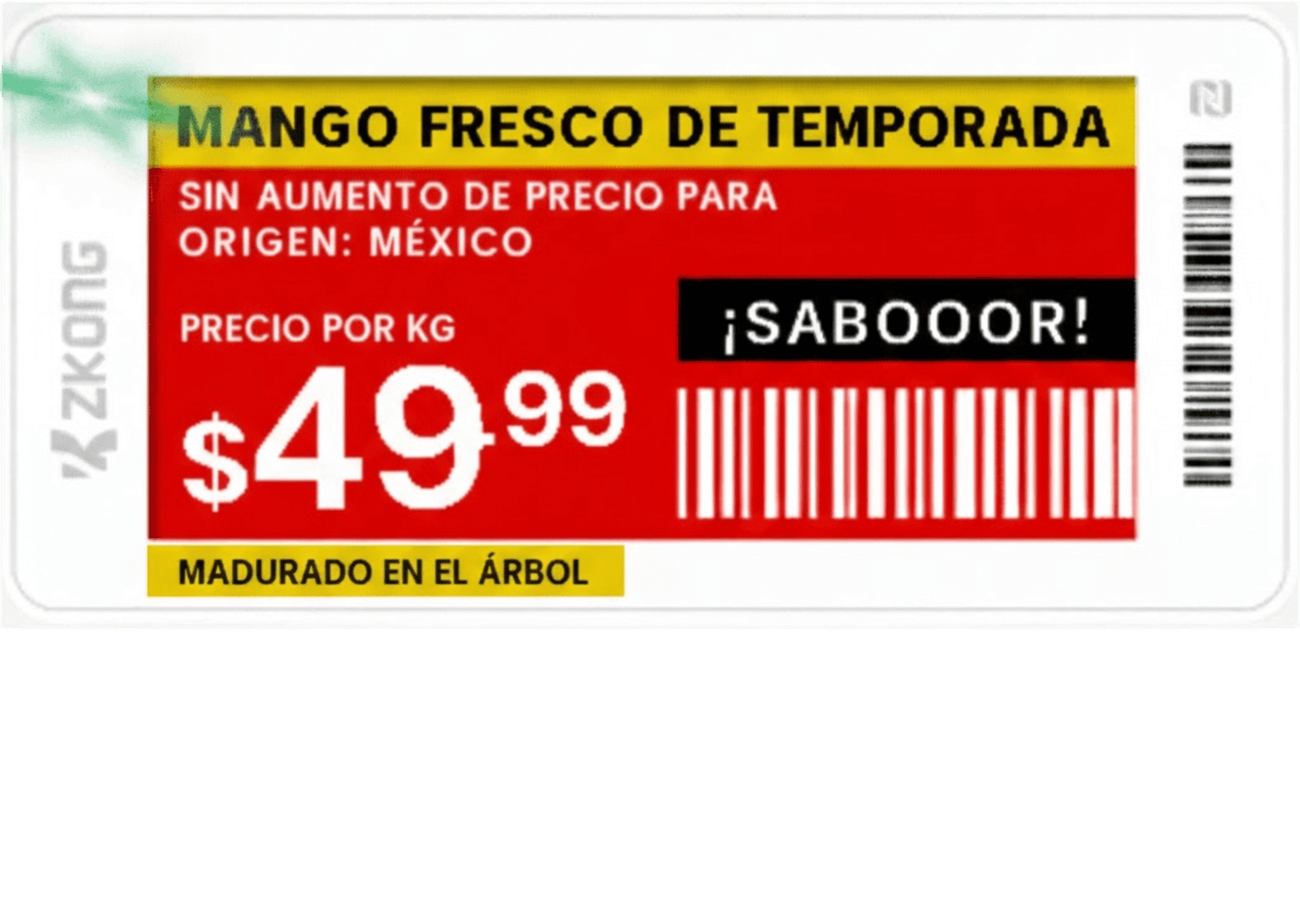 ZKC21B - Etiqueta de Estantería Electrónica ESL ZKE21B / Pantalla EPD 2.13 Pulgadas / Resolución 122x250 Píxeles / 4 Colores (Negro Blanco Rojo Amarillo) / BLE 5.0 con Encriptación AES-128 / Batería 5 Años / NFC / C