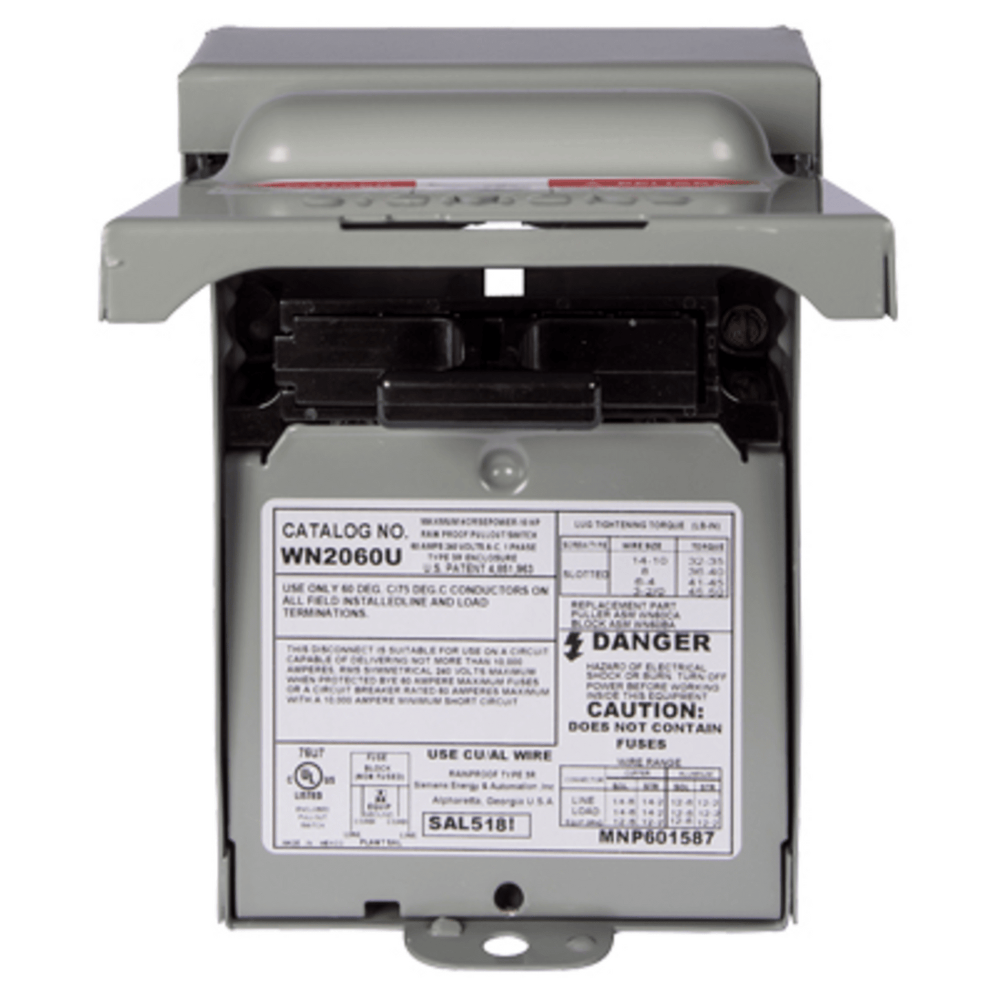 WN2060U - Interruptor de seguridad 2x60Amp. Nema 3R, Sin Portafusible