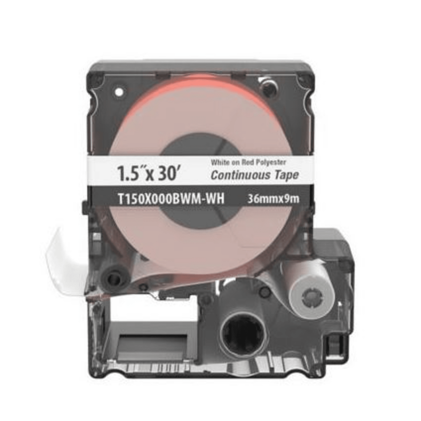 T150X000BWM-WH - Casete de Etiquetas de Poliéster de Cinta Continua, Color Blanco Sobre Rojo, Uso Interior/Exterior, 35.8 mm de Ancho x 9 Metros de Largo (29.53 pies)