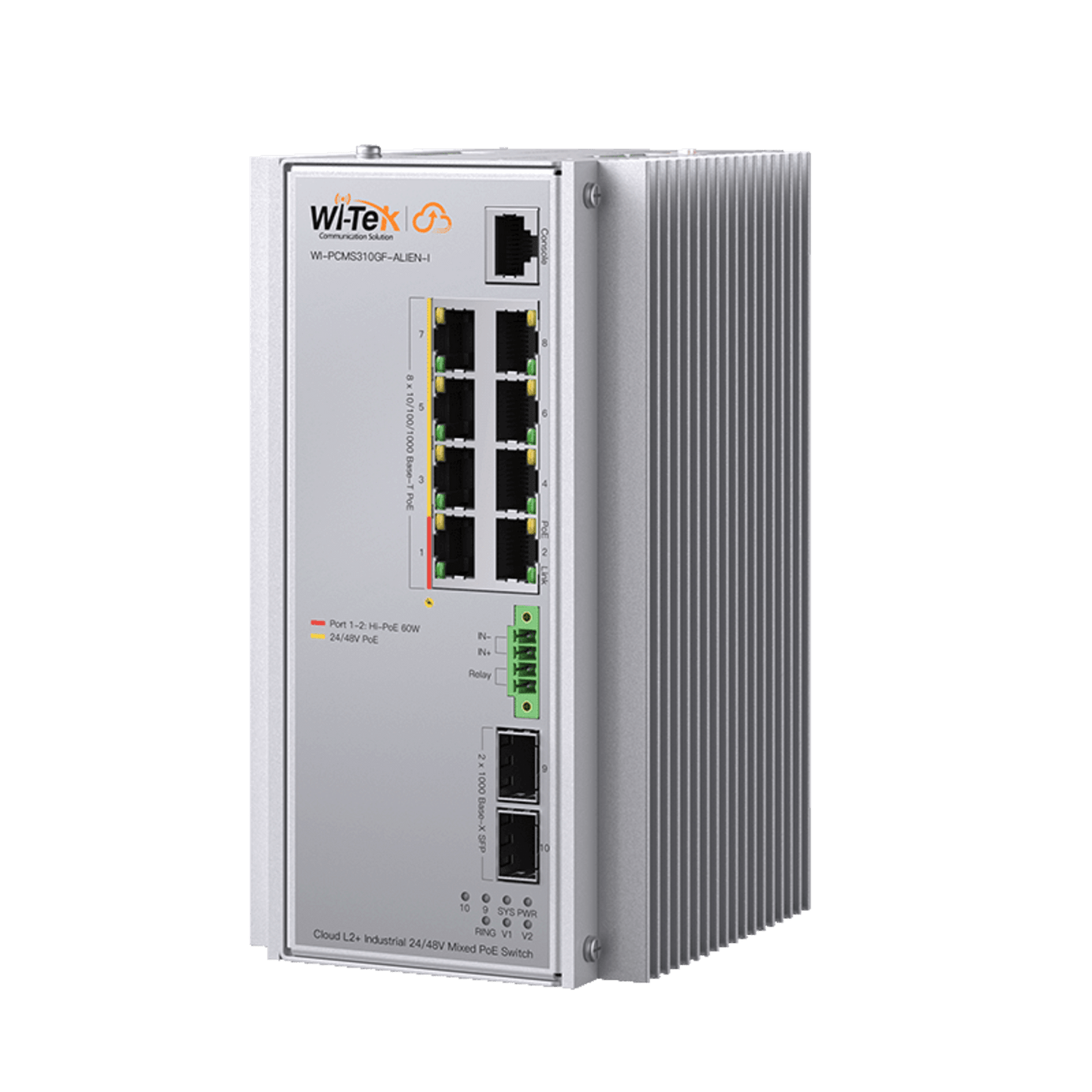 WI-PCMS310GF-ALIEN-I - Switch Industrial Administrable Gigabit con 2 Puertos PoE bt + 6 Puertos PoE af/at o 24 V Pasivo + 2 SFP Gigabit, 240 W