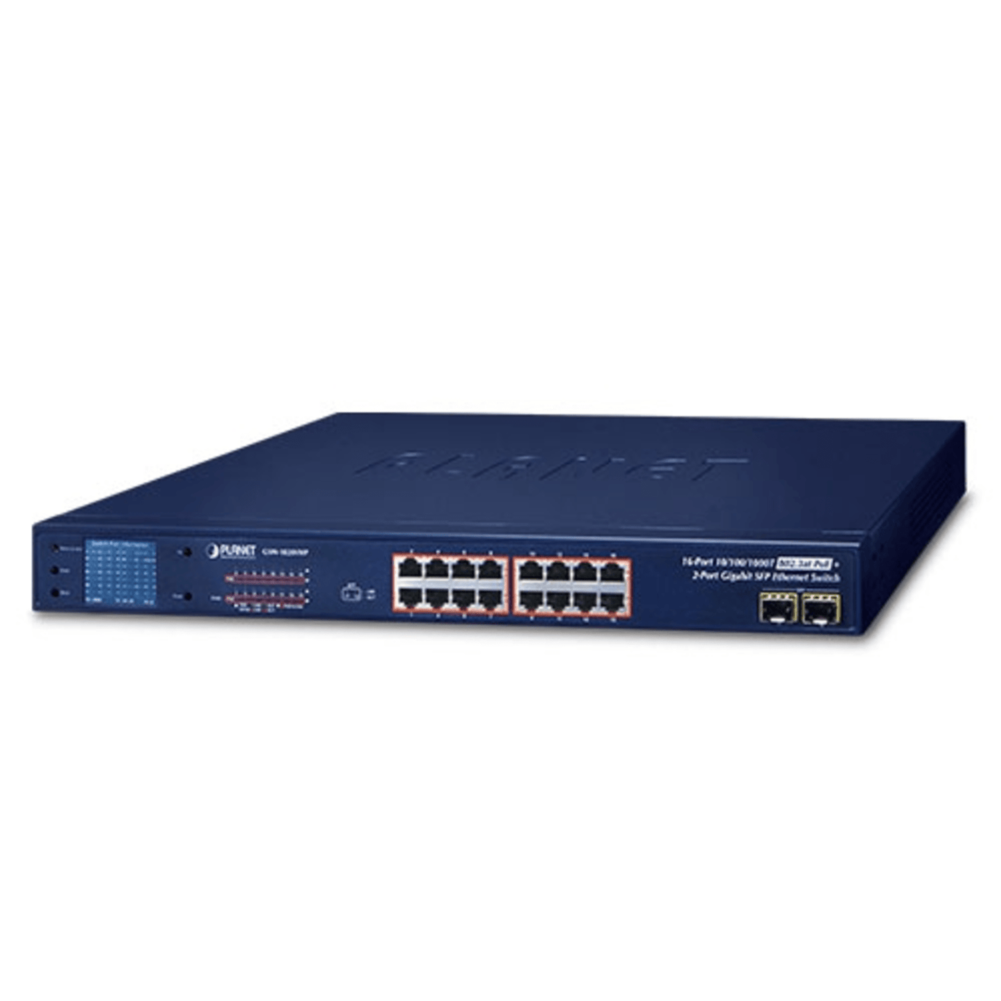 GSW-1820VHP - Switch No Administrable PoE+ Extender, Aislamiento VLAN de 16 Puertos Gigabit +, 2 Combo TP/SFP y Pantalla