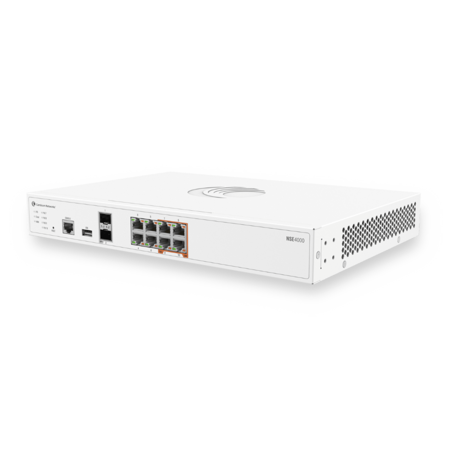 NSE4000 - Network Service Edge NSE 4000 / 10 Gbps Firewall Throughput / 2.5 Gbps Advanced Security Throughput / 8 x 2.5 GbE RJ45 / 2 x 10 GbE SFP+ / SD-WAN / VPN / Cloud Management cnMaestro