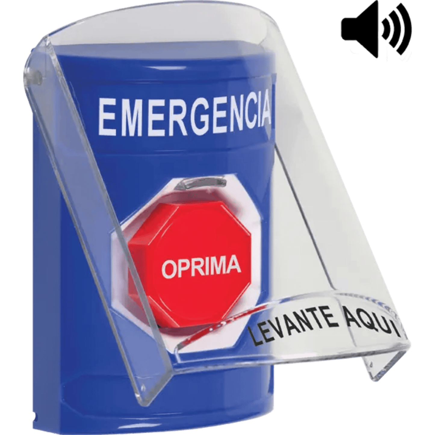 SS24A2EM-ES - ?Botón Multipropósito, Color Azul, De Superficie, Con Tapa De Policarbonato, Con Bocina Pre Alarma, Solo Interior, Llave Para Restablecer, Texto De Emergencia, Español