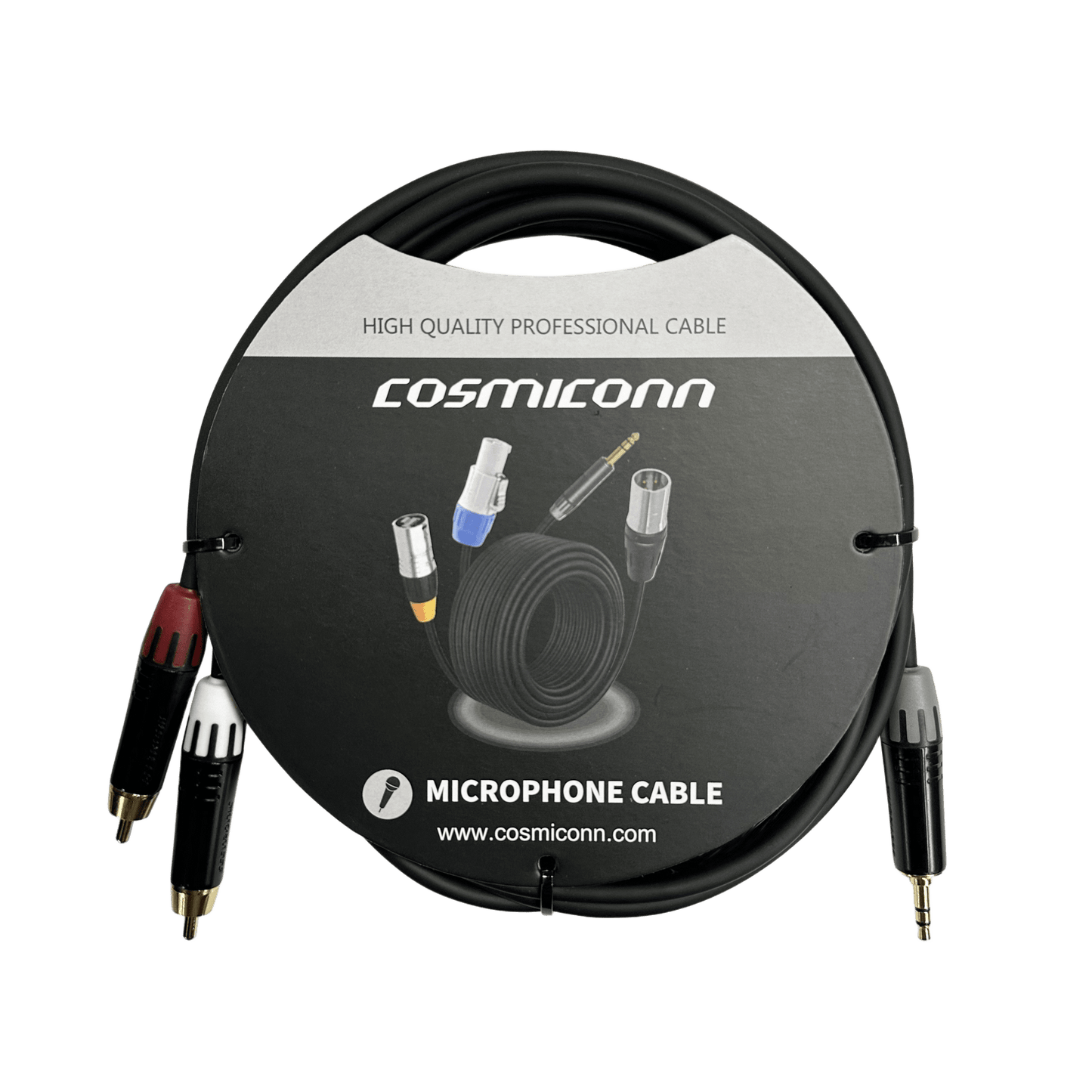 CMC220ASTP2RM10YBG1 - Cable 3.5mm a 2 RCA, conectores negros, con diferenciador de blanco y rojo en RCA MT380-RD - MT380-WH - MTP3C-BG, length 10m