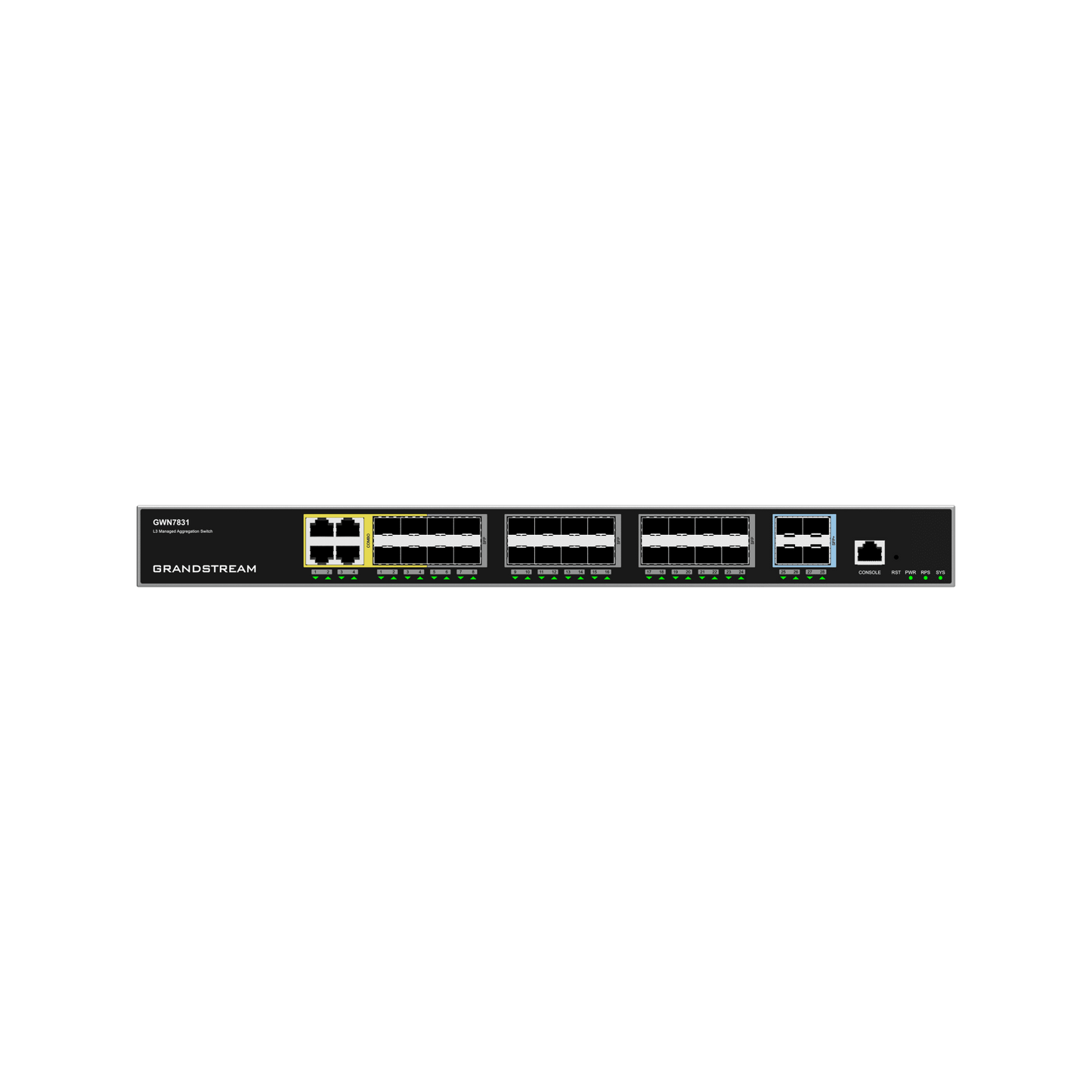 GWN7831 - Switch de Agregación Capa 3 / 4 Puertos Gigabit Ethernet / 24 Puertos Gigabit SFP / 4 Puertos 10Gigabit SFP+ / QoS Integrada / Soporte IPv6 e IPv4 / Seguridad Avanzada / Stacking /