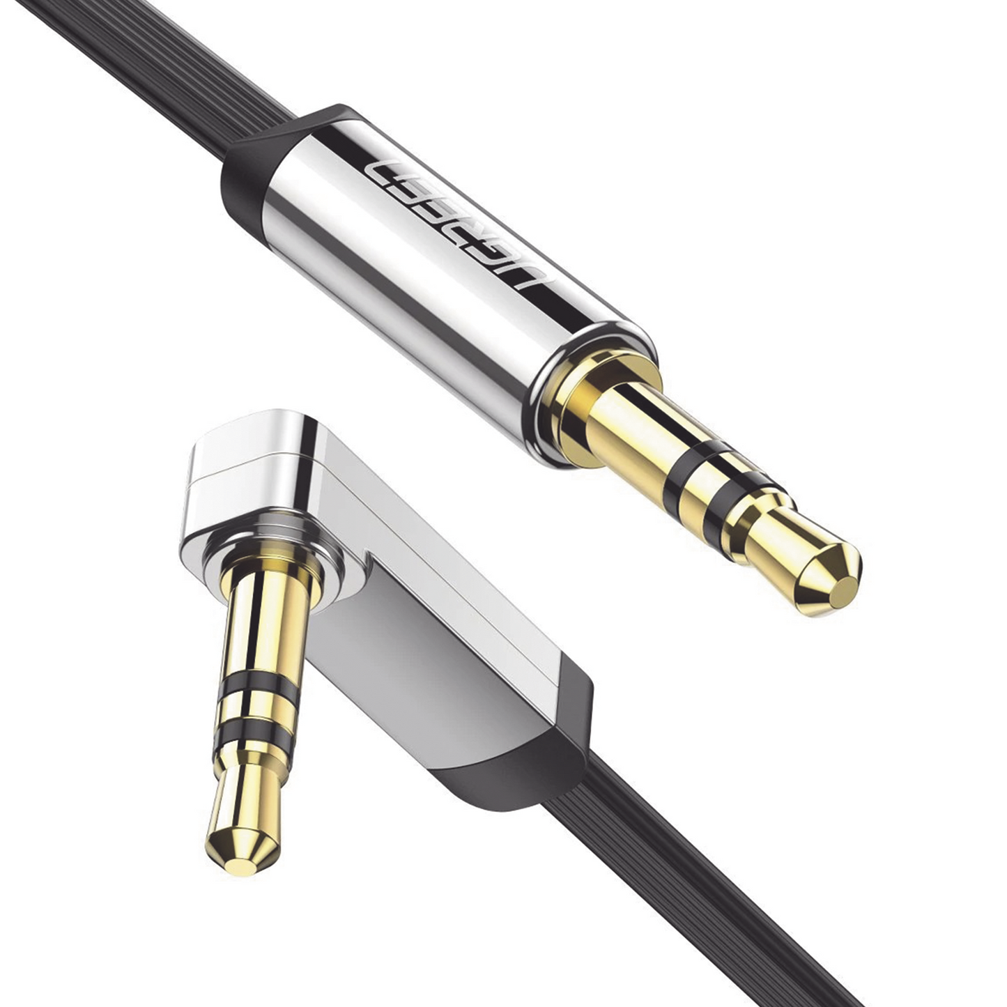 10599 - Cable Auxiliar Plano 2 Metros / Conector 3.5mm a 3.5mm / Macho-Macho / Recto a Angulo / Ángulo de 90° en una de sus Puntas / Color Negro