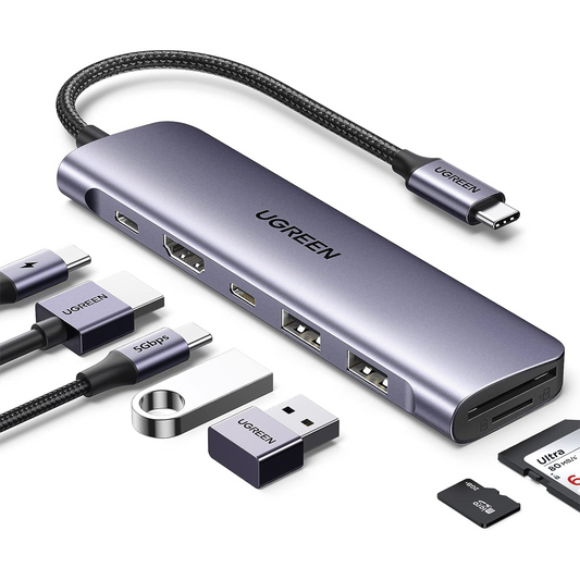 15214 HUB USB-C (Docking Revodok) 7 en 1 | 2 USB-A 3.0 | 1 USB-C 3.0 (5Gbps) | 1 USB-C PD Carga 100W | HDMI 4K | Lector Tarjetas SD + Micro SD (TF) Uso Simultáneo | Chip de Última Generación | Cable de Nylon Trenzado | Caja de Aluminio.