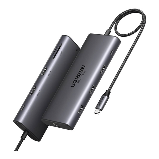 15534 HUB USB-C (Docking Revodok Pro 210) 10 en 1 | 2 Puertos HDMI 8K,4K@60Hz | 3 USB-A | USB-C (5Gbps) | USB-C PD Carga 100W | RJ45 (Gigabit Ethernet) | Lector Tarjetas SD + Micro SD (TF) Simultáneo | Carcasa de Aluminio.