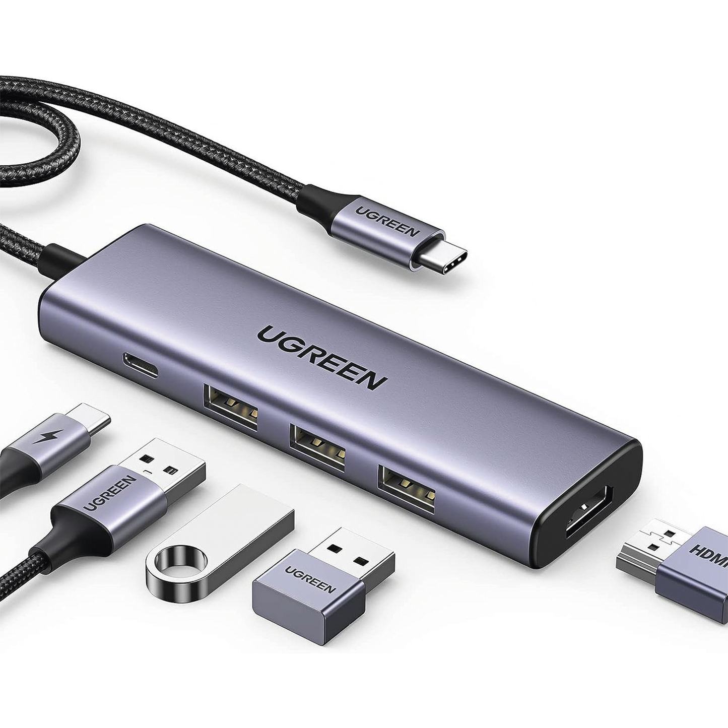 15596 HUB USB-C (Docking Station) 5 en 1 | HDMI 2.0 4K@30Hz | 3 USB-A 3.0 (5Gbps) | USB-C PD Carga 100W | Potente Disipación de Calor | Chip de Ultima Generación | Cable de Nylon Trenzado de 25 cm | Carcasa de Aluminio.
